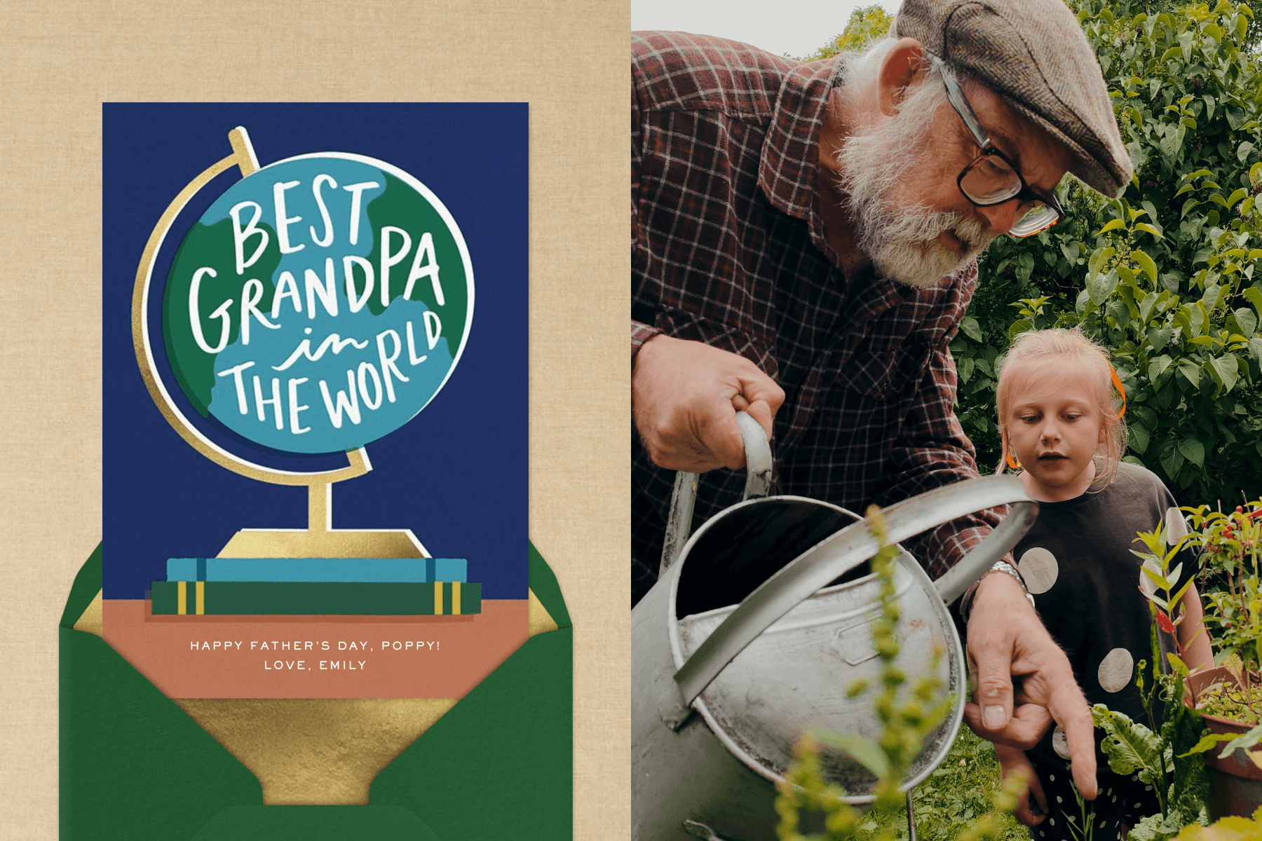 Left: A Father’s Day card for a grandfather featuring a globe illustration sits atop a green envelope with a gold-foiled interior against a textured cream-colored backdrop. Right: A grandfather waters plants outdoors with his granddaughter.