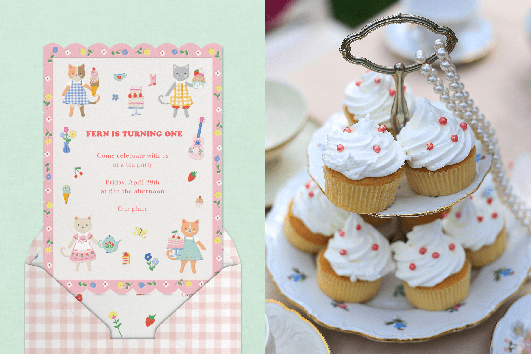 LEFT: On a mint green backdrop, a white birthday invitation with pink floral borders and illustrations of cats in various scenes emerges from a pink and white gingham envelope patterned with images of fruits and flowers. RIGHT: A white two-tiered tray holds cupcakes with white icing and red sprinkles. Two strings of pears loop at the top, falling beside the tiered plates. 
