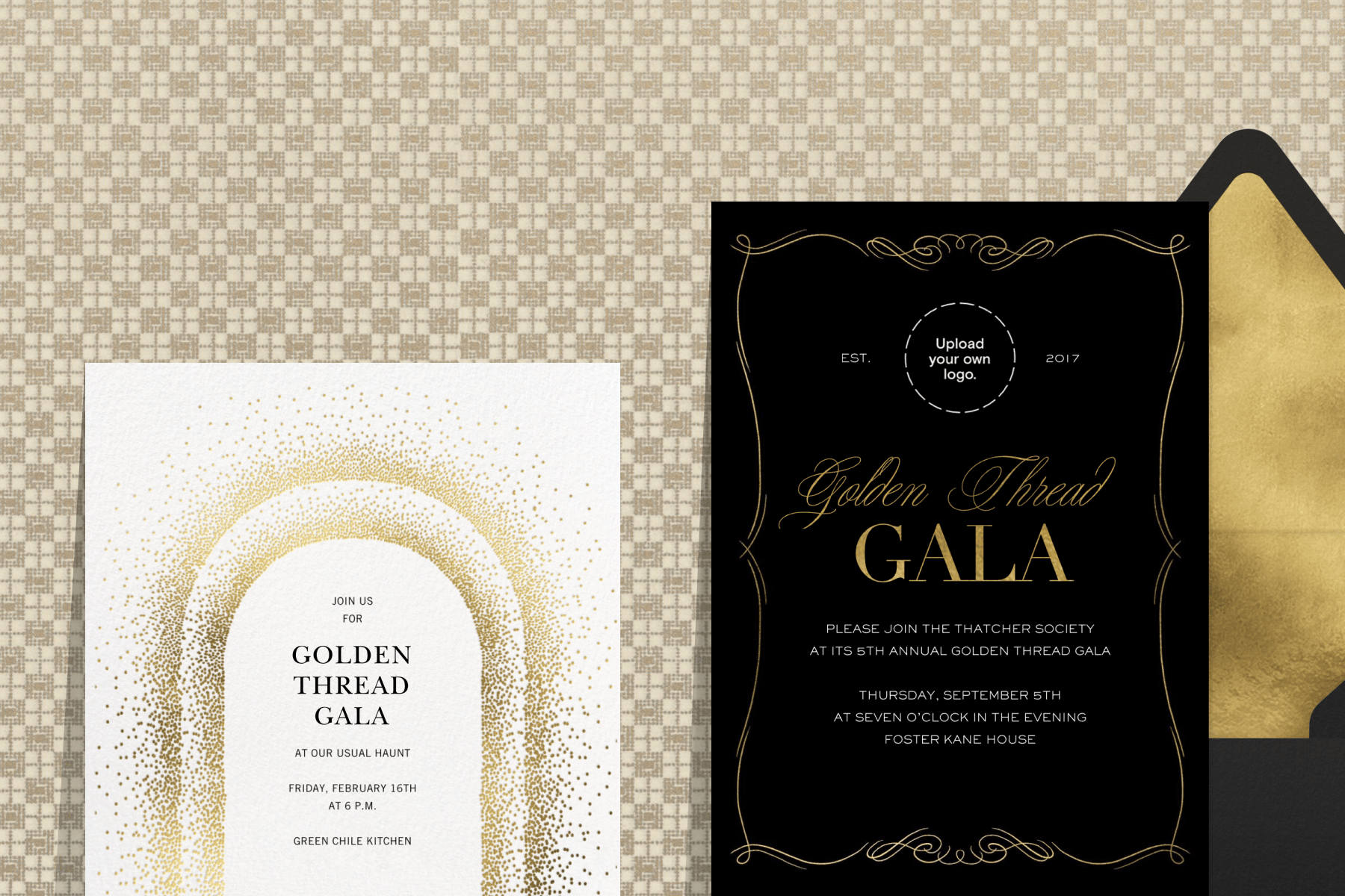 Left: An ivory-and-gold gala invitation sits against a beige checkered backdrop. Right: A black-and-gold gala invitation sits to the left of a black envelope with a gold-foiled interior against a checkered backdrop.