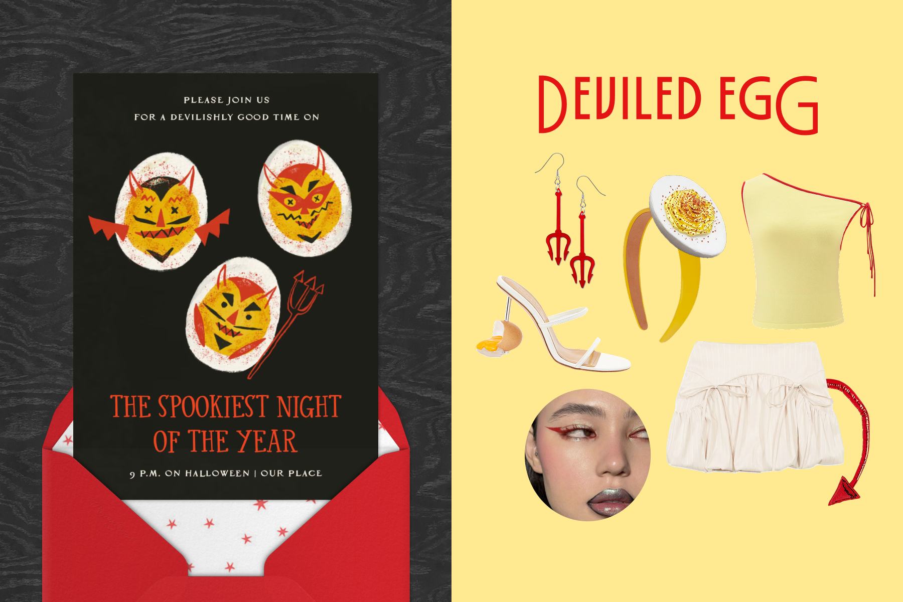 LEFT: A black Halloween invitation with illustrations of deviled eggs with red devil faces and a pitchfork, and text reading ‘The spookiest night of the year’, sits atop a red envelope with a white star-print liner against a black wood-grain backdrop. RIGHT: A costume collage on a pale yellow background with text reading ‘Deviled egg’, featuring red pitchfork earrings, a yellow headband topped with a deviled egg, a pale yellow one-shoulder top, a white ruffled skirt with a red devil tail, white heeled sandals beside a cracked egg, and a circular photo of a person with red graphic eyeliner.