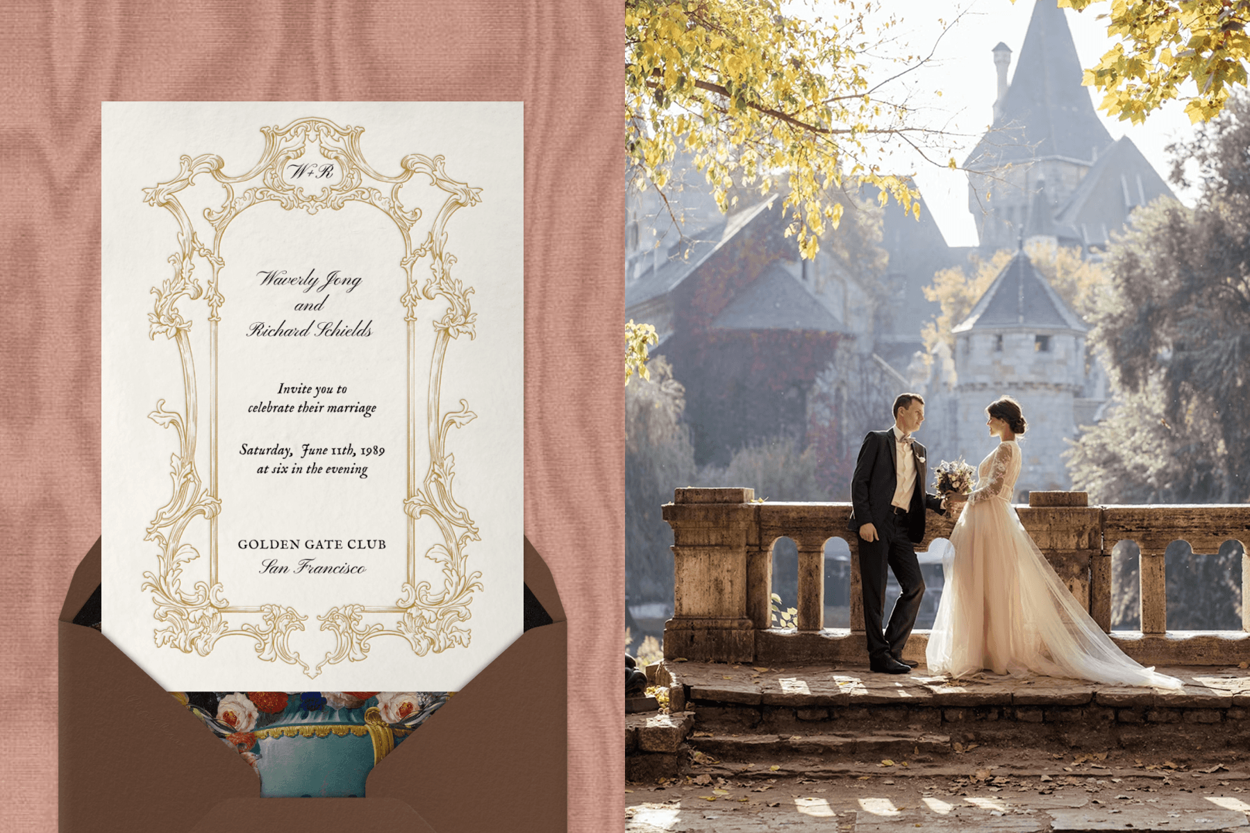 LEFT: On a pink, wood-grained patterned backdrop, a white wedding invitation with gold details emerges from a brown envelope with floral lining. RIGHT: A man in a suit and a woman in a white dress holding flowers stand on a balcony in front of a castle.
