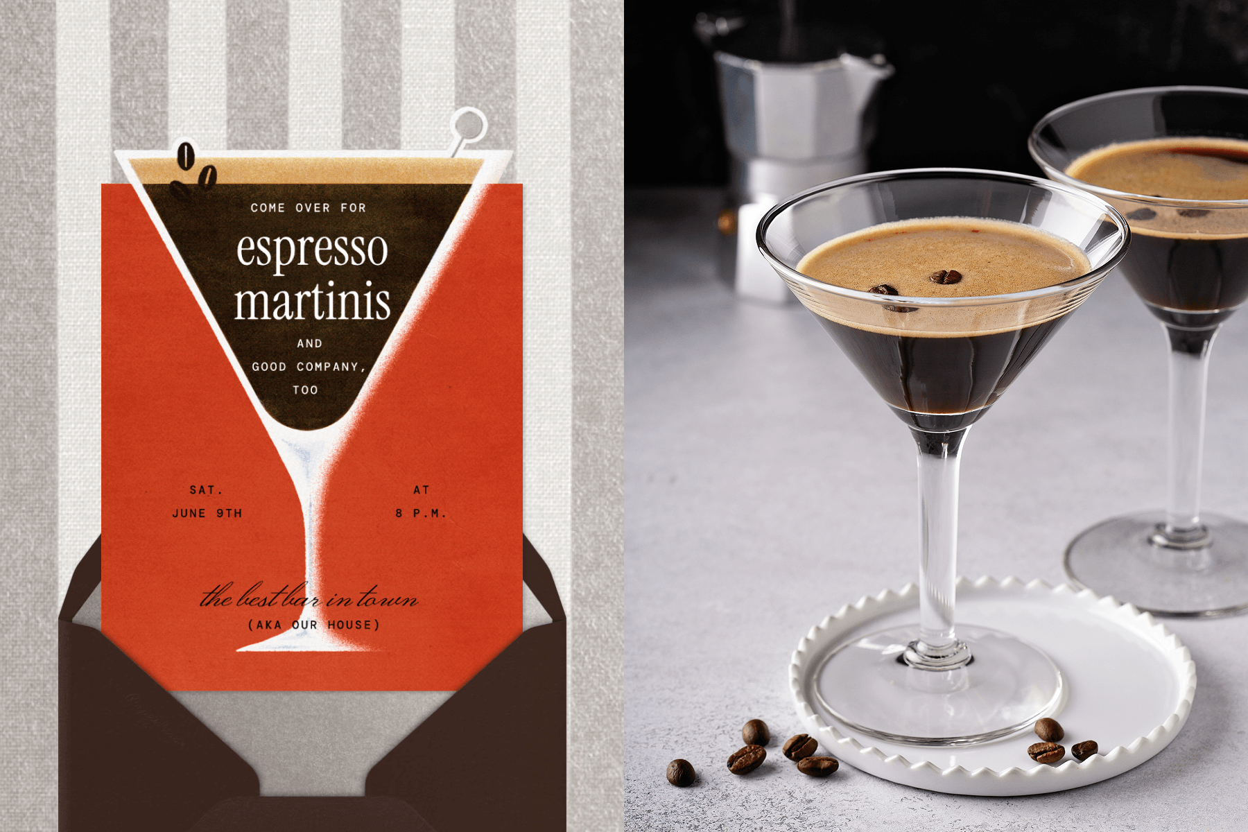 An invitation featuring a large espresso martini over a red background with text within the martini glass; A white table set with two espresso martinis and sprinkled coffee beans.
