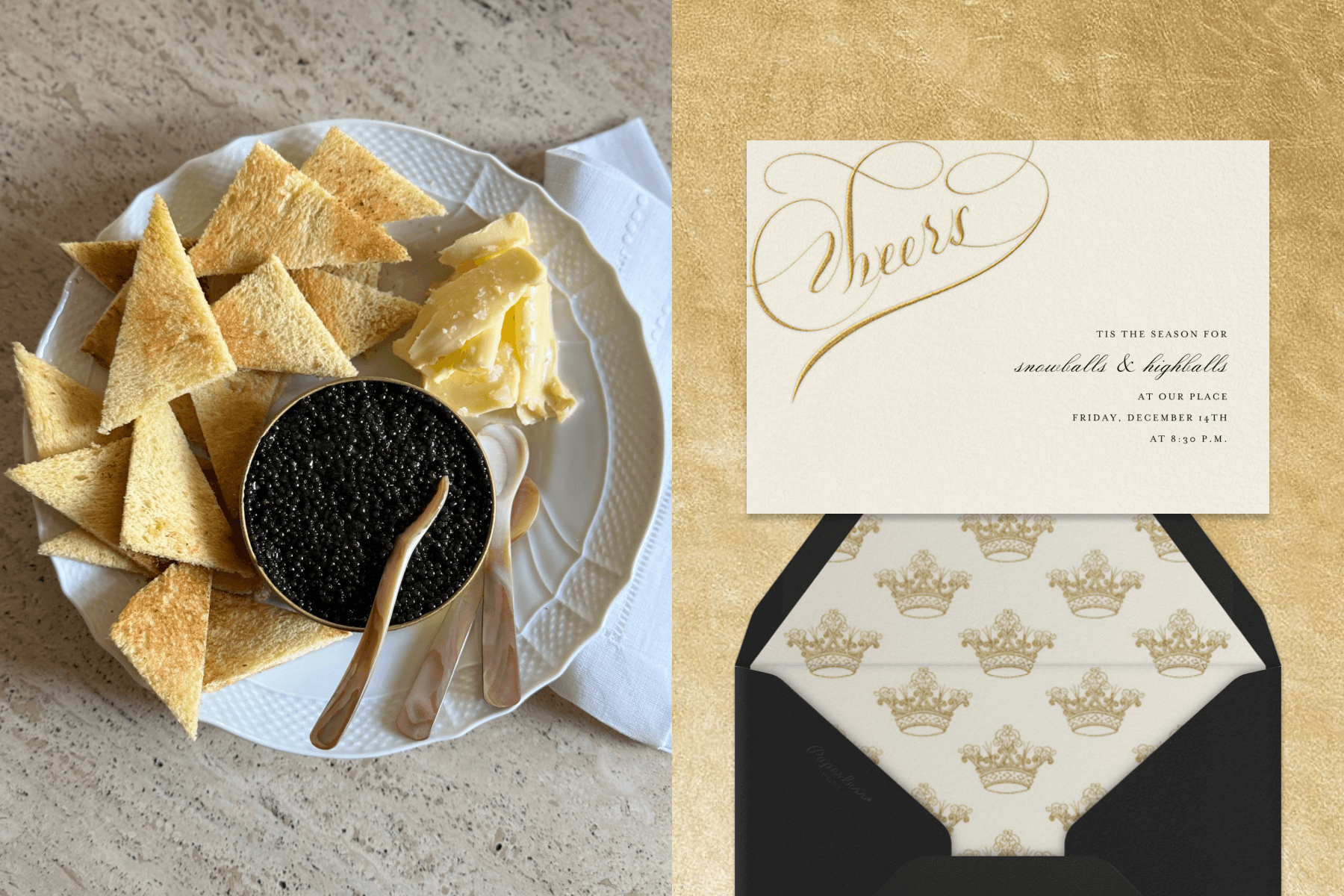Left: A plate with caviar, triangles of bread, and butter. Right: A horizontal beige invitation for a holiday party with gold cursive text reading ‘CHEERS’.