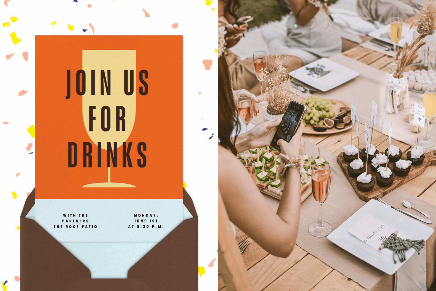An orange invitation with brown text reading ‘JOIN US FOR DRINKS’ and a yellow graphic of a cocktail glass over a brown envelope in front of a white background with colorful speckles; A cell phone photo being taken of the food set on top of a wooden table: plates of appetizers, glasses of pink Champagne, and cupcakes.