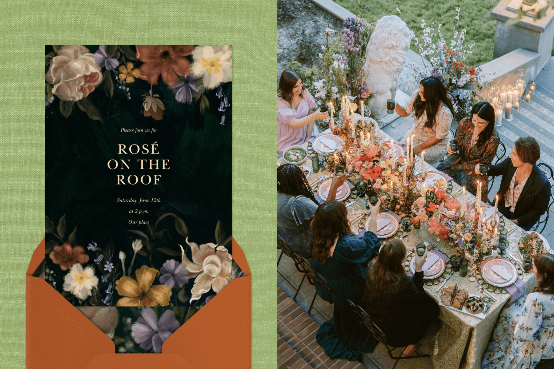 A black invitation with realistic flowers on the top and bottom and an orange envelope; guests sit at an outdoor banquet table with flowers, candles, and purple linens