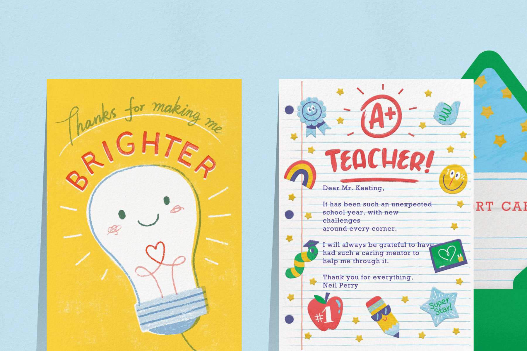 On a baby blue backdrop, a yellow teacher appreciation card with a lightbulb sits next to a teacher appreciation Card designed to look like college-ruled notebook paper. Beneath this second card is a green envelope with college-ruled lining at the bottom, and yellow stars on a blue background at the top. 