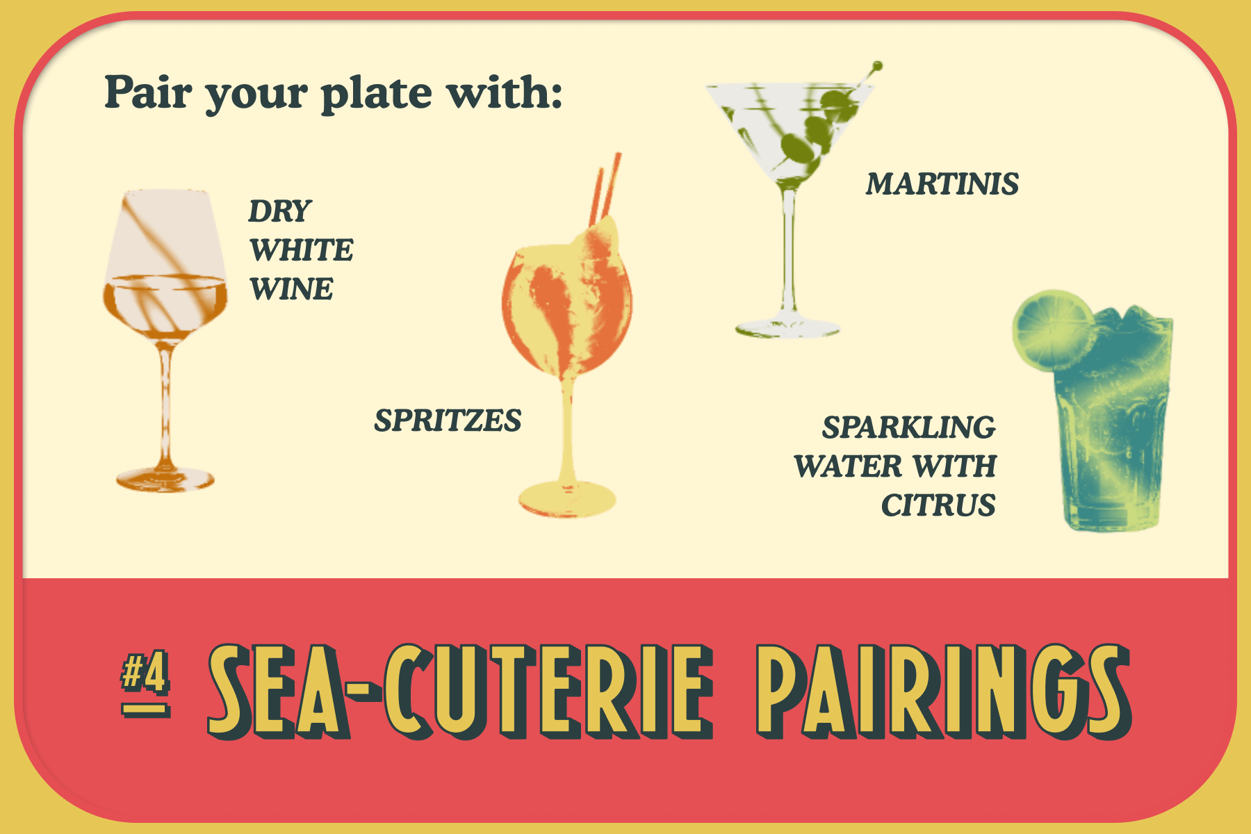 Stylized images of a glass of white wine, a spritz, a martini, and sparkling water sit atop a mustard-trimmed light yellow and red backdrop titled, ‘#4 Pour something crisp.’ 