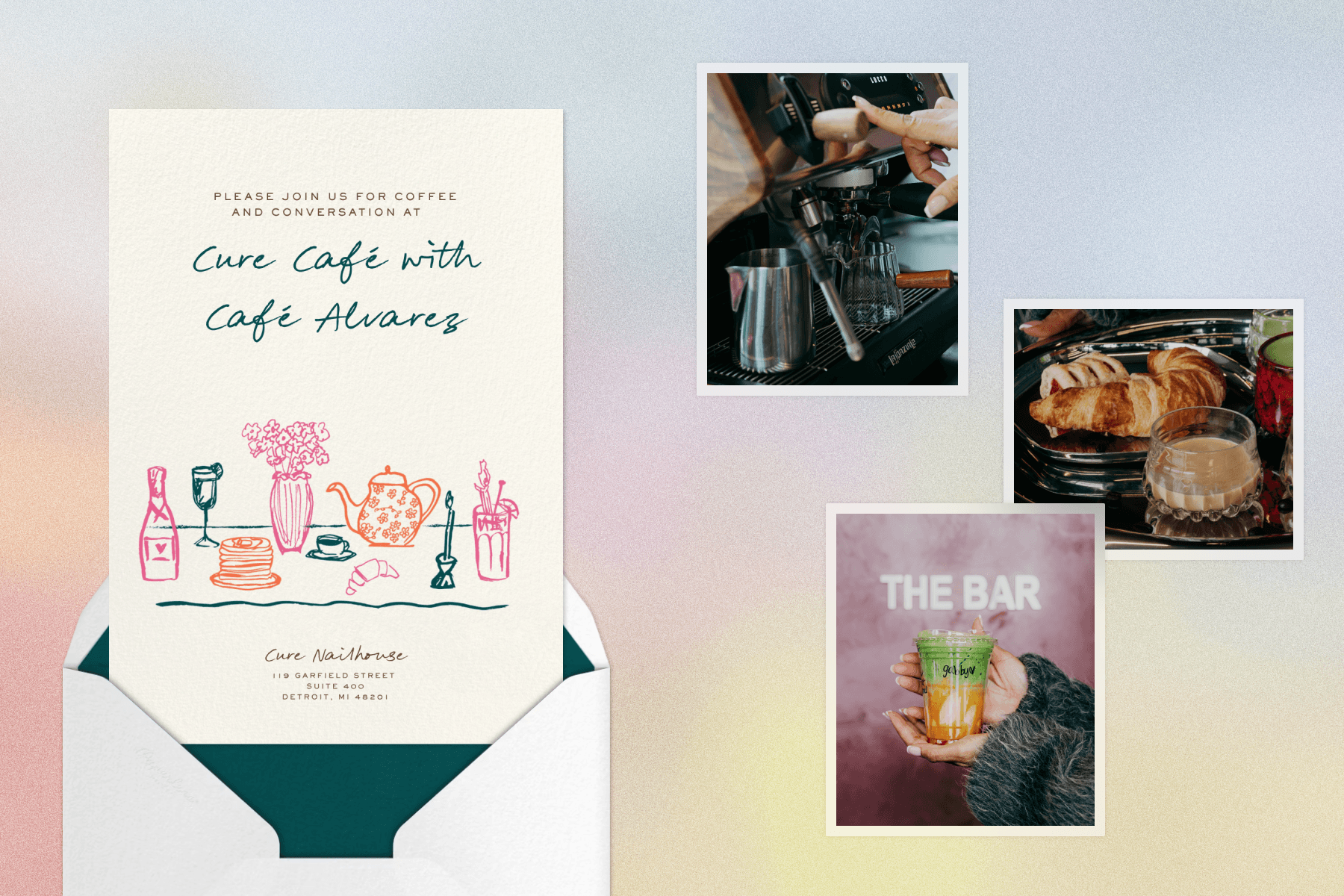 On the left, an off-white invitation for a café gathering with colorful illustrations of food, tea, flowers, and wine on a table. On the right, three photos of matcha, pastries, and coffee shop equipment sit collage-style, all over a pink and purple pastel gradient background.  