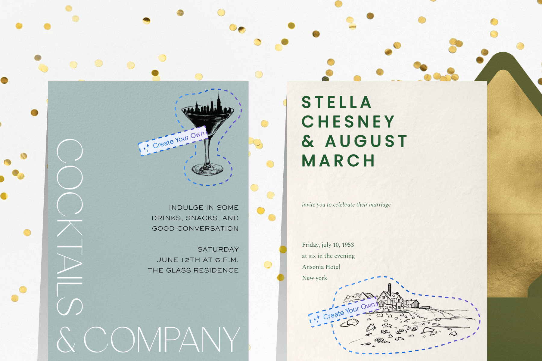 A white background with gold confetti and two party invitations: The first with a light blue background, text that reads “COCKTAILS & COMPANY” and a black graphic sticker of a martini; the second with a cream background, green text, and an illustrated black and white sticker of a hotel paired with a green envelope and gold envelope liner. 