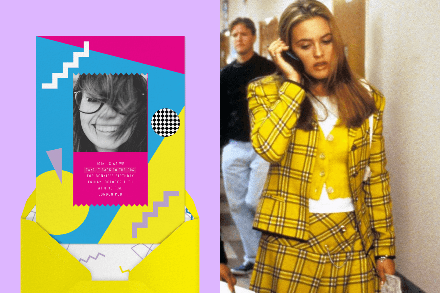 Alt text, left: An invitation with neon colored Memphis-style abstract shapes and a photo of a woman in the center. Right: Alicia Silverstone as Cher in “Clueless” wearing a yellow tartan outfit.