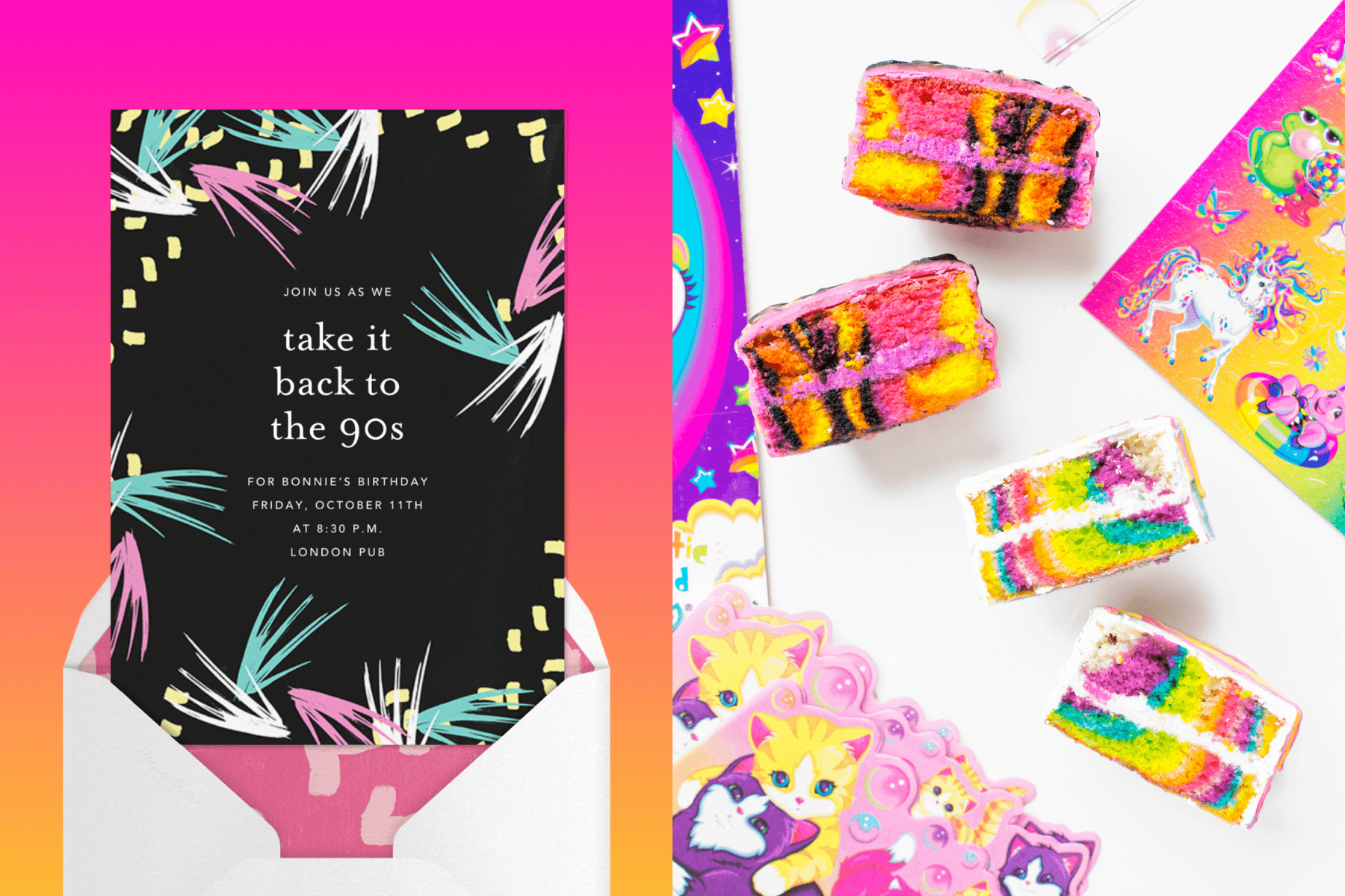 Alt text, left: A black invitation with faded neon brushstrokes and confetti on the border. Right: Rainbow Lisa Frank-inspired cake snacks.