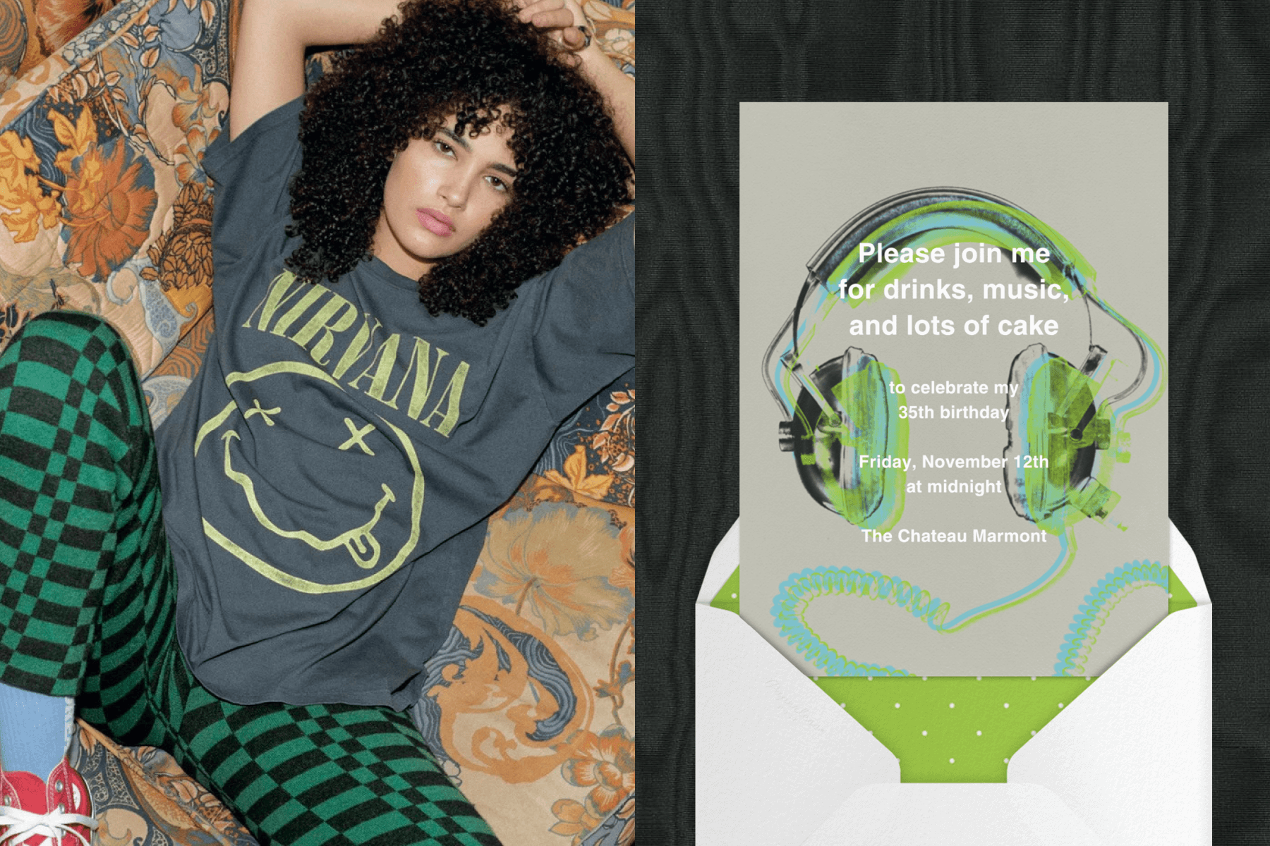 Alt text, left: A woman wears a Nirvana band tee and green checkered pants. Right: An invitation with an illustration of over-the-ear headphones.