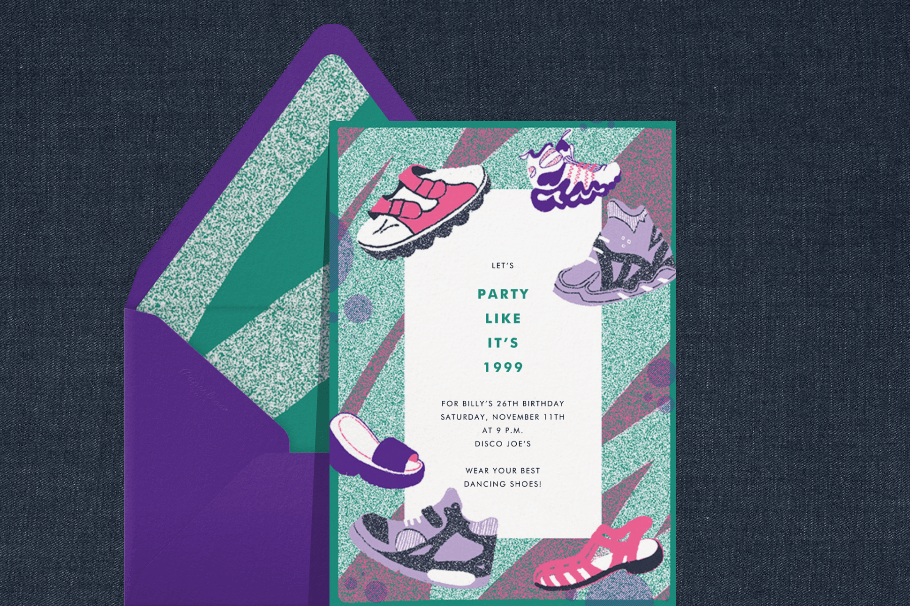 An invitation with ‘90s-style shoes and sneakers and a static-inspired border.