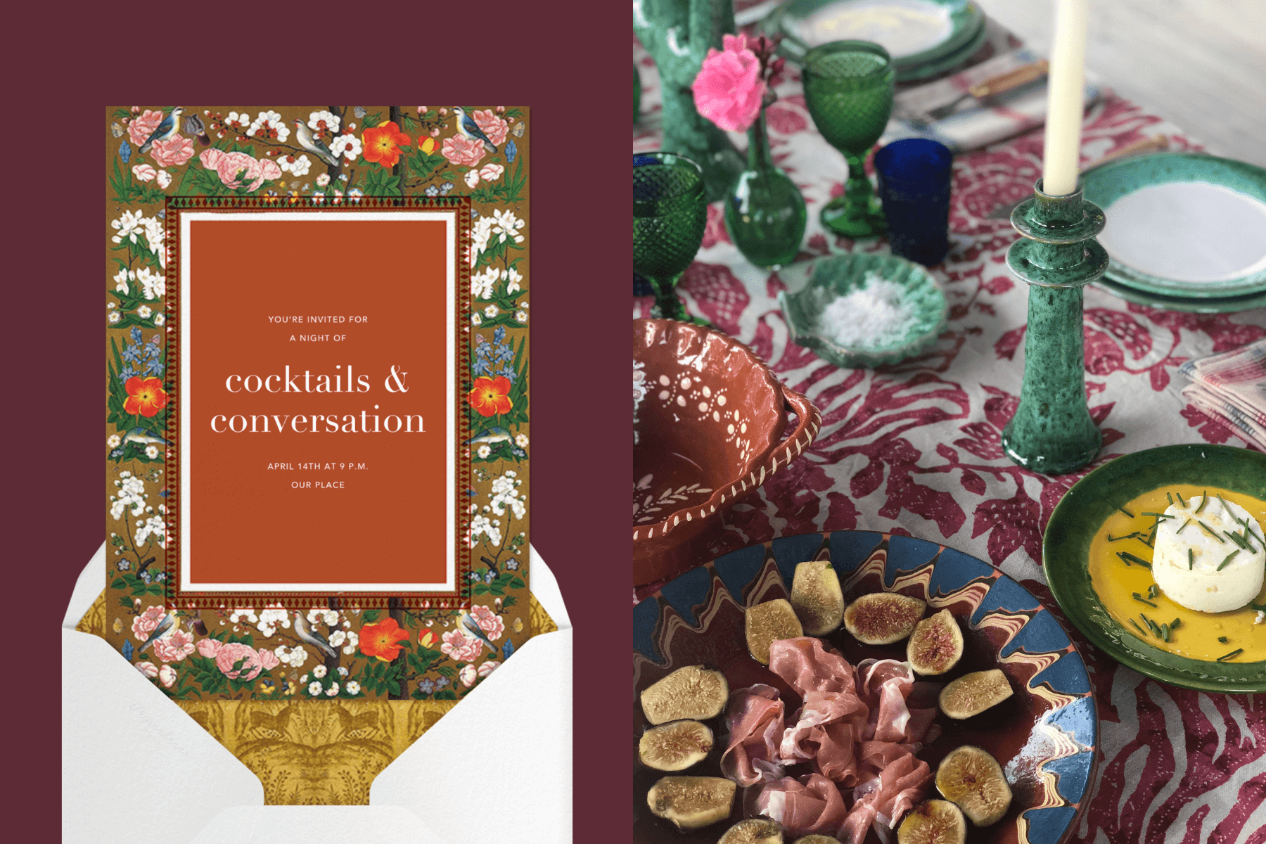 Left; A mauve dinner party invitation with photo-realistic flowers; Right; A close-up of an eclectic dinner table with prosciutto and figs