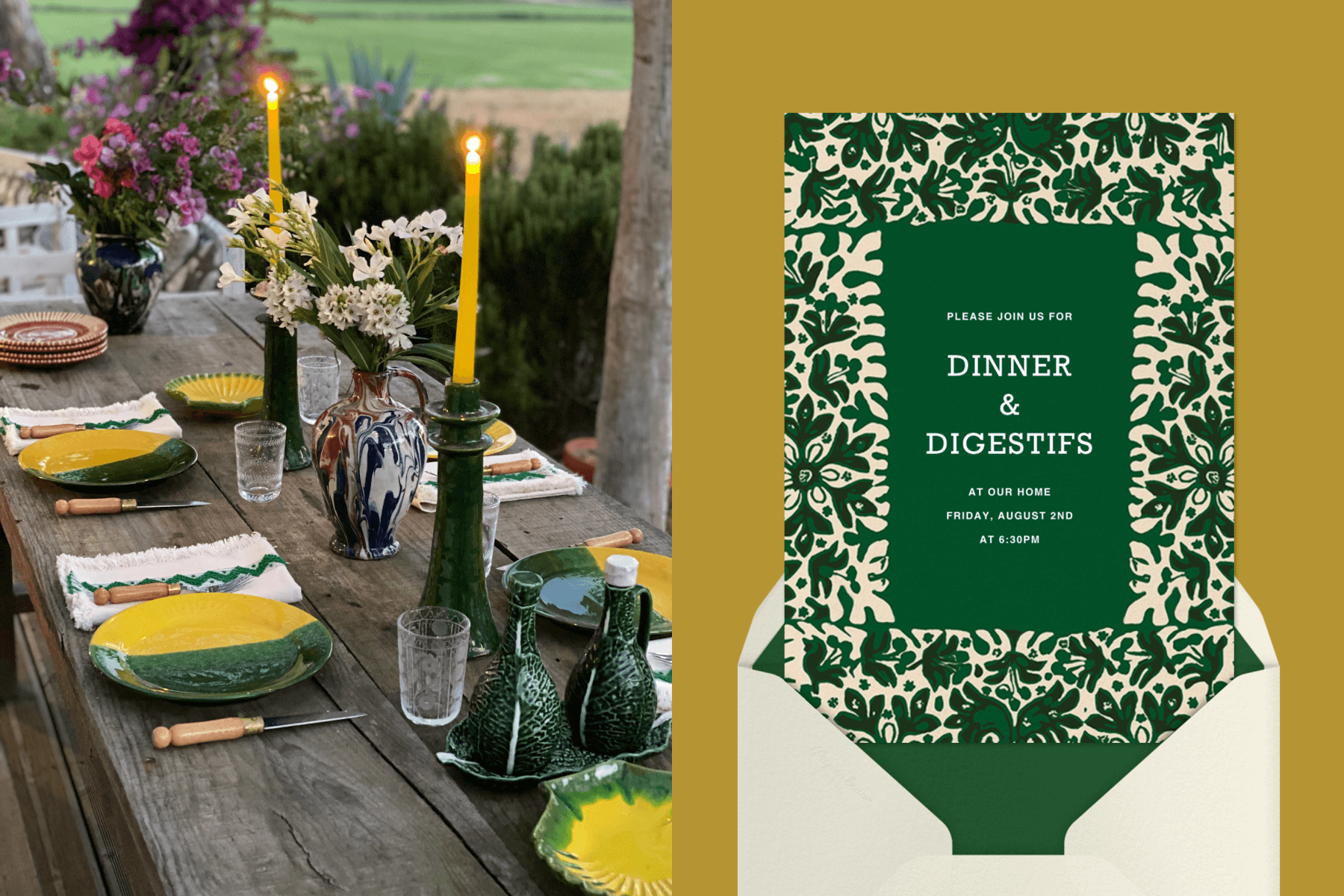 Left: A picnic table with beautiful tabletop decor including tall taper candles and vases; Right: A green floral summer party invitation