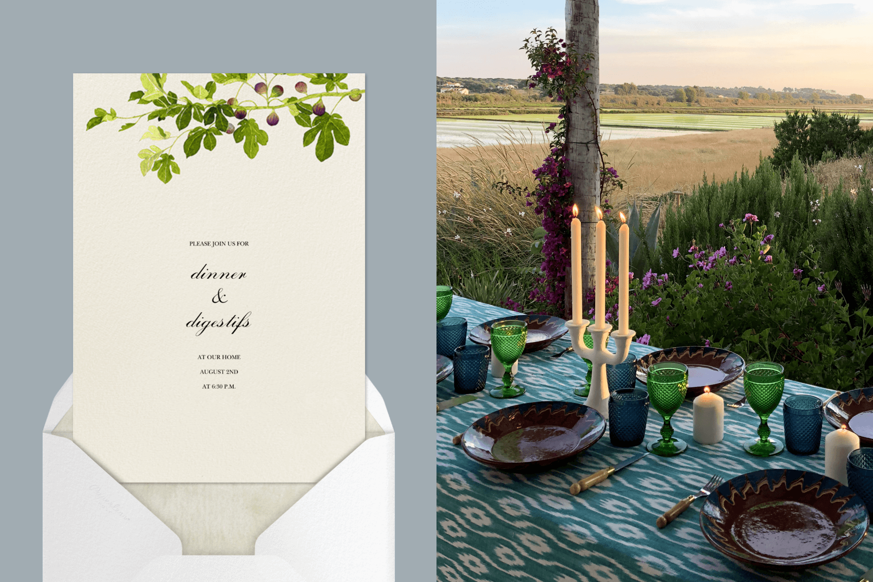 Left: delicately painted invitation featuring fig branches; Right: teal and green table setting overlooking tidal marshes.