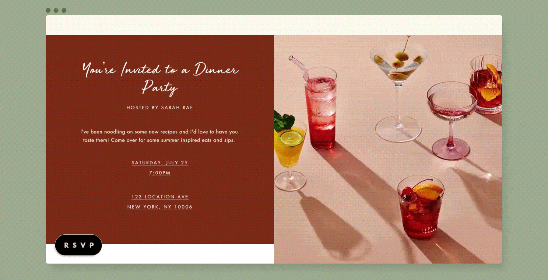 animated invitation featuring cocktails with moving shadows