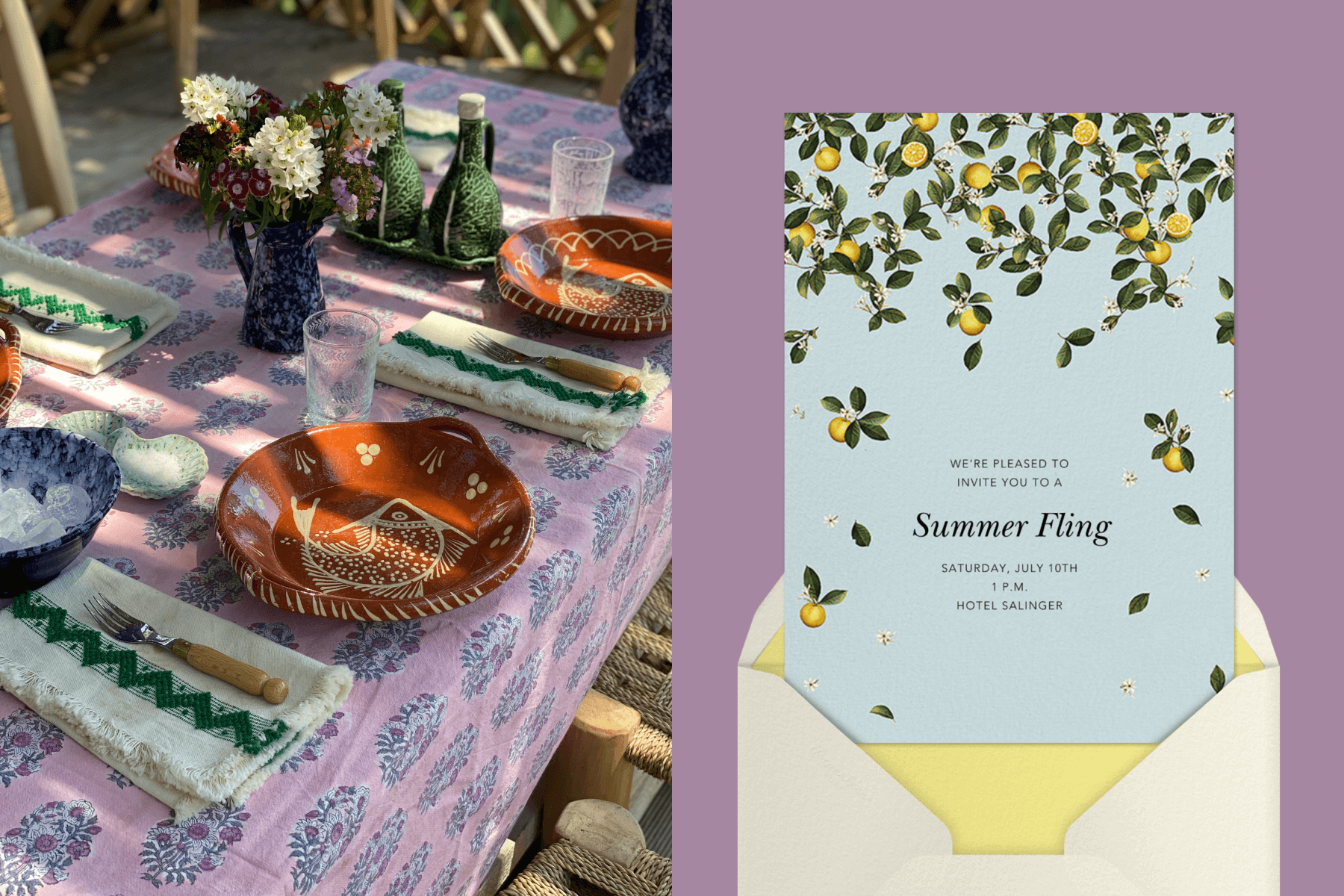 Left: lavender and clay table setting with fish plates; Right: clay red invitation featuring a paisley border.