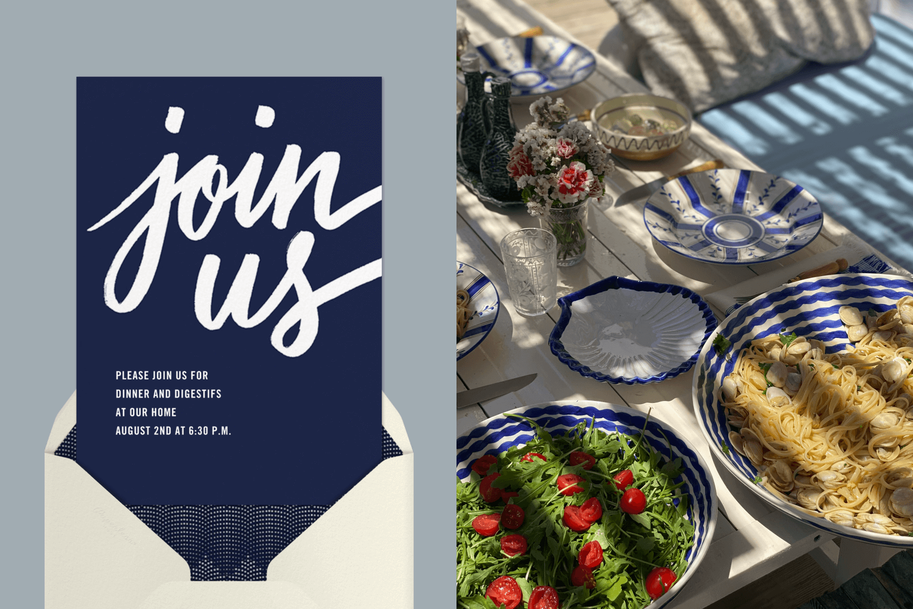 Left: A navy and white invitation with a large “Join us” in script; Right: Clam pasta and salad set outside