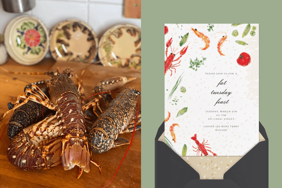 Left: Small lobsters ready to be cooked; Right: A dinner party card with illustrated crawfish and other gumbo ingredients