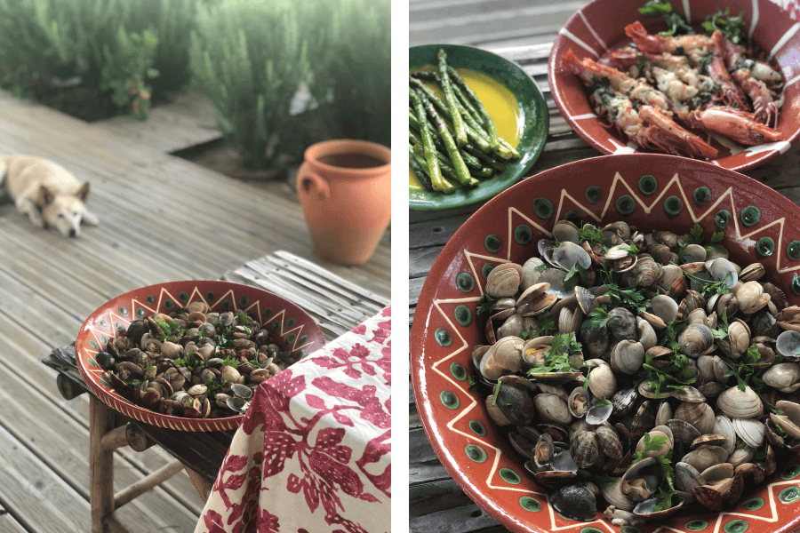  Left: Clams in a platter with a resting dog in the background; Right: Close-up photo of the clams in the platter