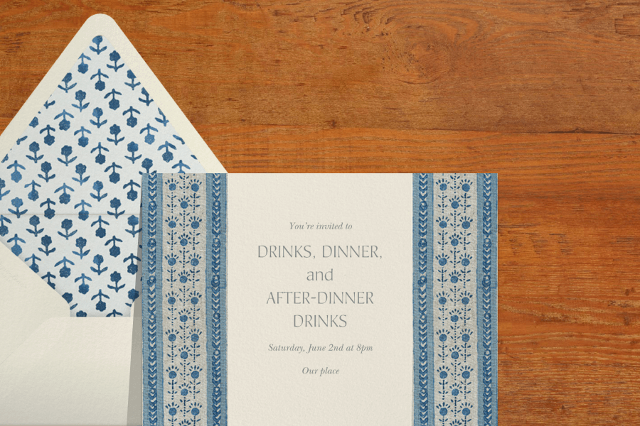 dinner, drinks, and after-dinner drinks invitation on wooden background