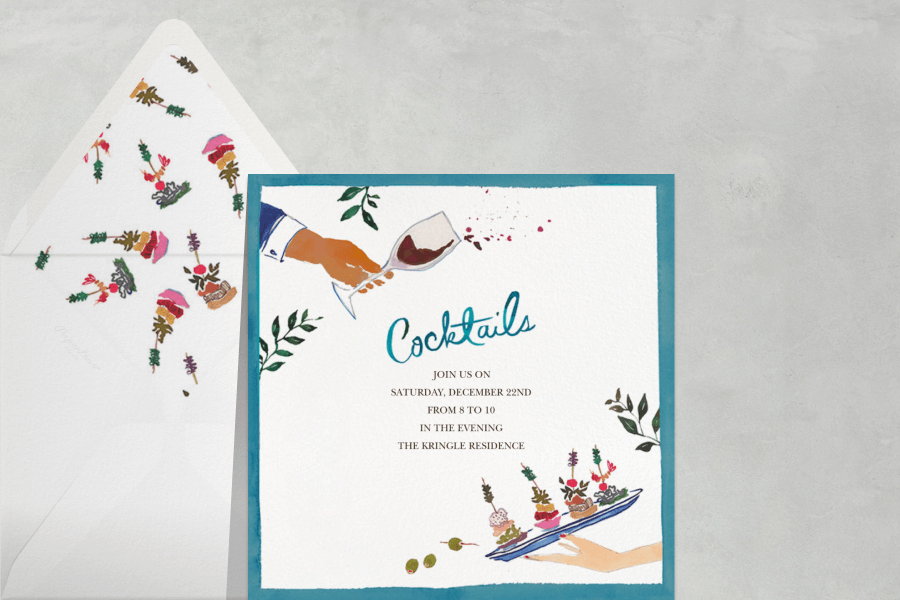 cocktails invitation with wine glass and canapés