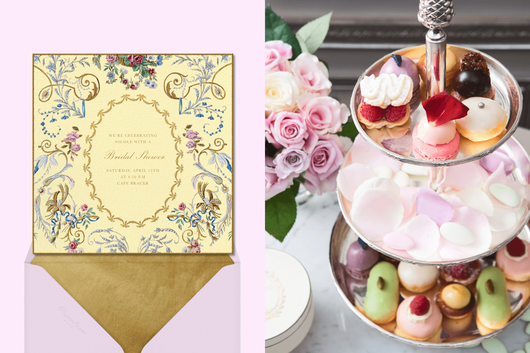 Left: A yellow Ladurée invitation with intricate gold details and pink roses; Right: A tiered display of party treats.