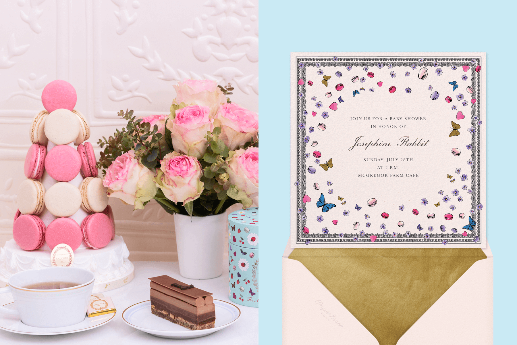 Left: Elegantly decorated french desserts with tea and flowers; Right: A baby shower invitation featuring illustrative butterflies and macarons.