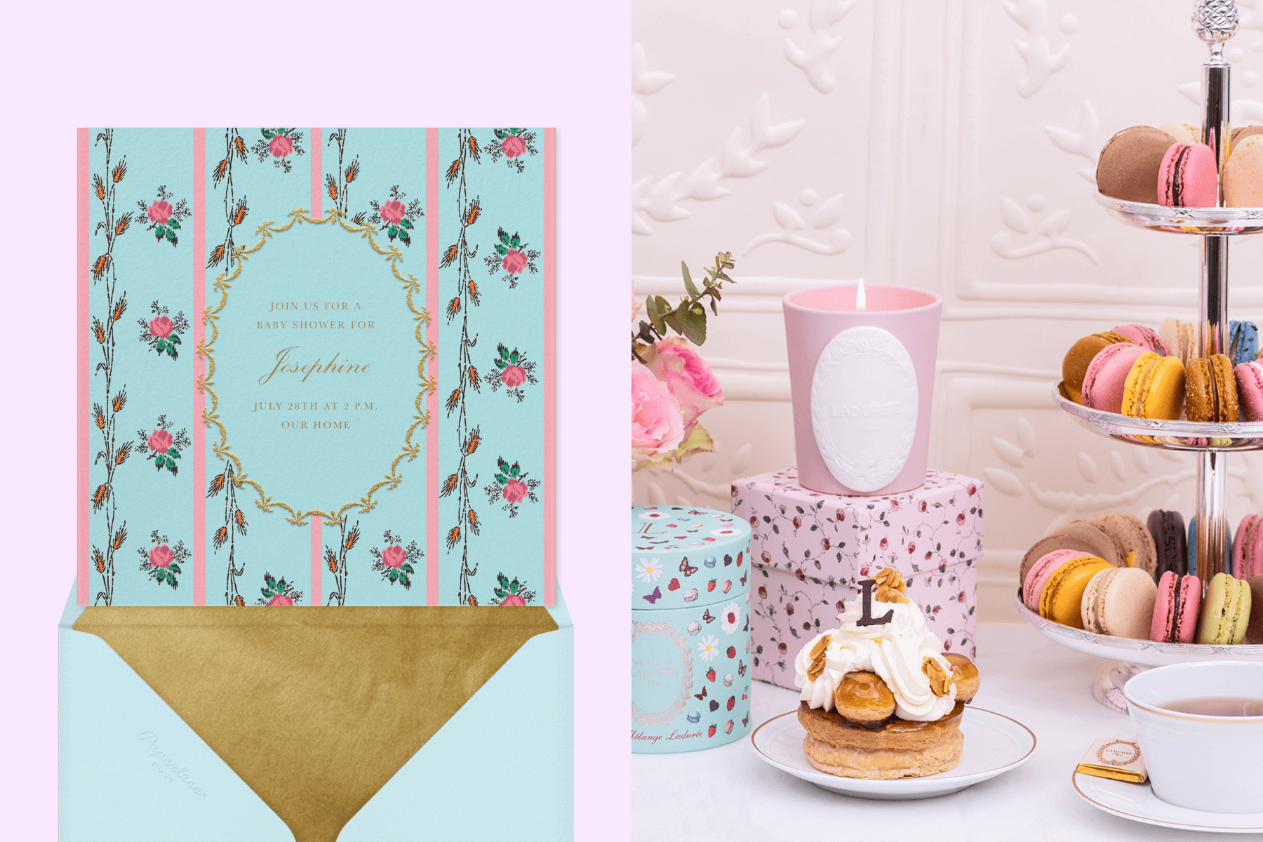 Left: A blue floral baby shower invitation; Right: A decorated table of sweets, tea, and candles in Ladurée packaging.