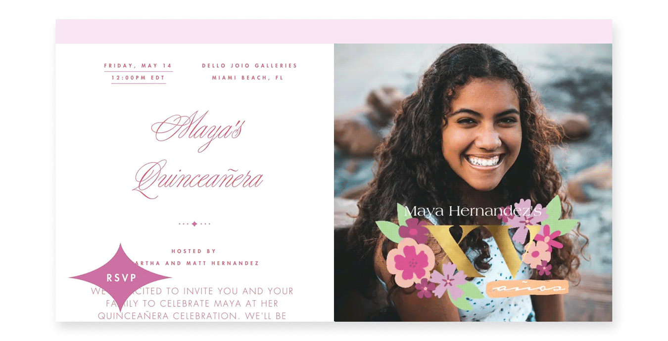 An animated online quinceañera invitation with a photo and flowers.