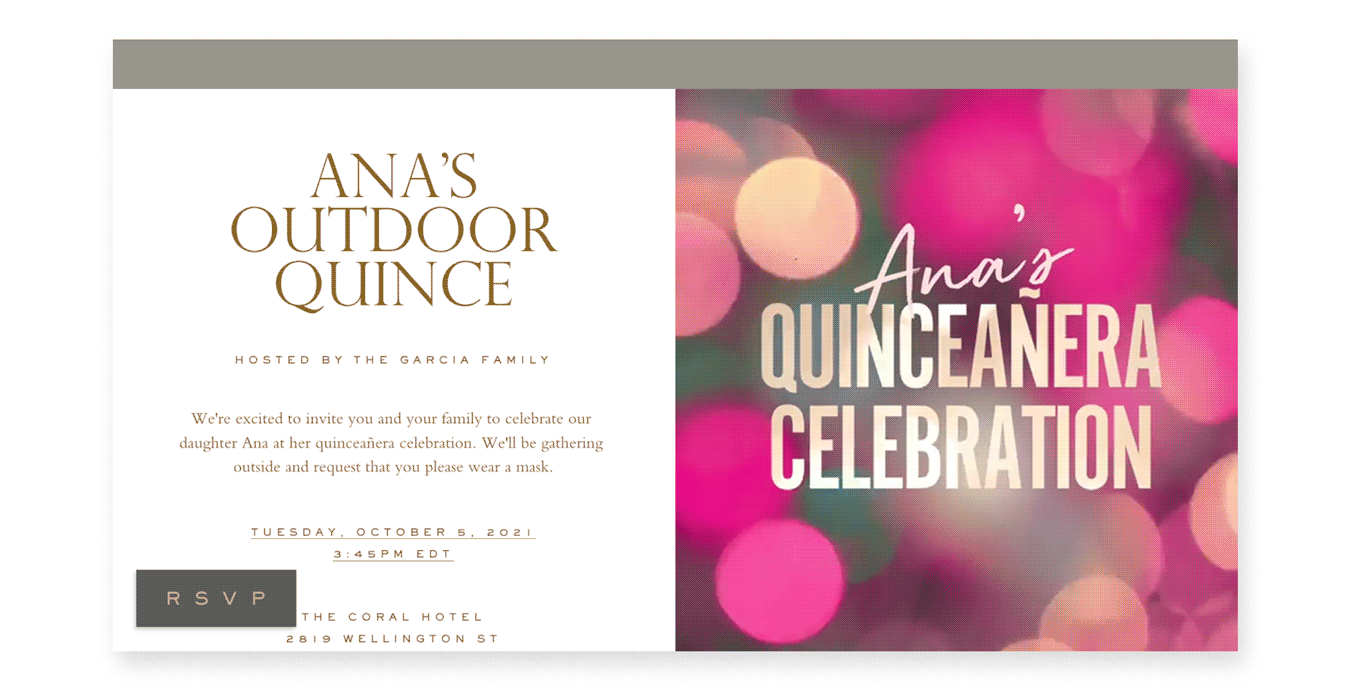 An animated online quinceañera invitation with pink and gold bokeh.