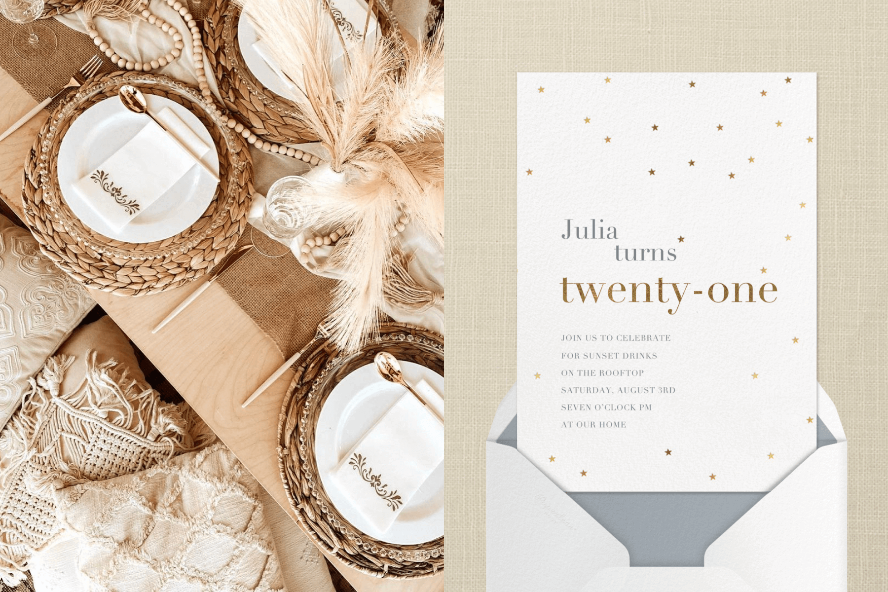 Left: An overhead shot of a boho-chic tabelsetting featuring white plates, rattan chargers, pillows, and pampas grass; Right: A 21st birthday invitation with tiny gold stars.