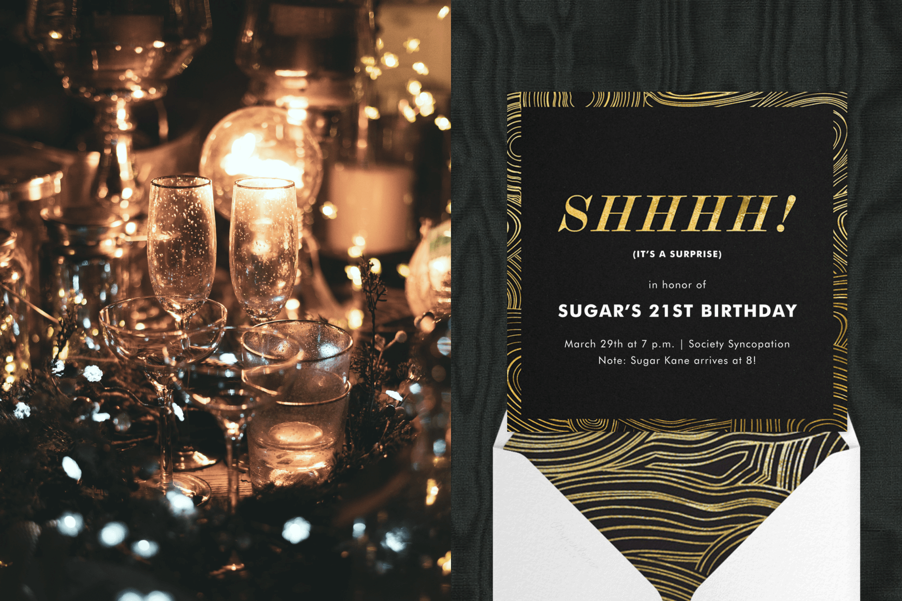 Left: A dark close-up of empty cocktail glasses on a tray surrounded by fairy lights; Right: A 21st birthday invitation featuring a black-and-gold malachite pattern.