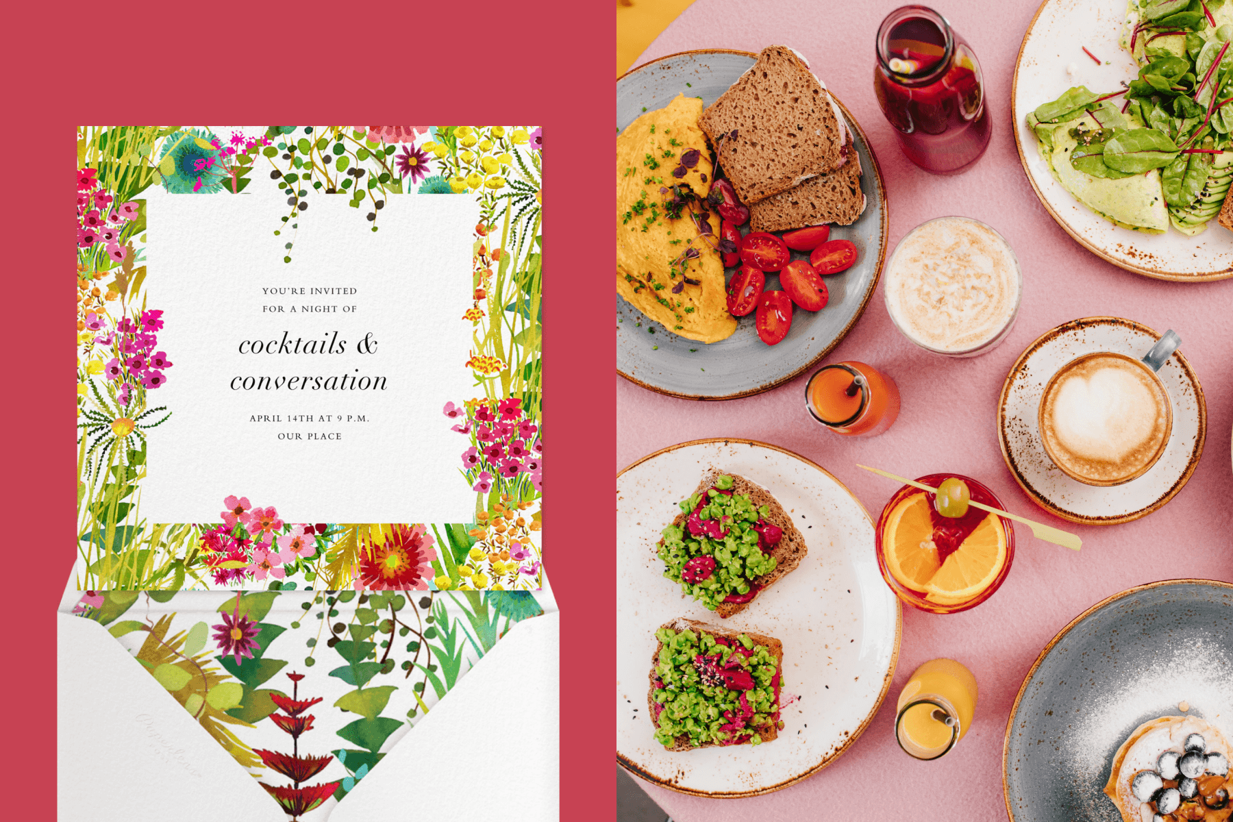 Left: A bright floral 21st birthday invitation; Right: An overhead shot of breakfast and brunch items like eggs, lattes, and avocado toast.