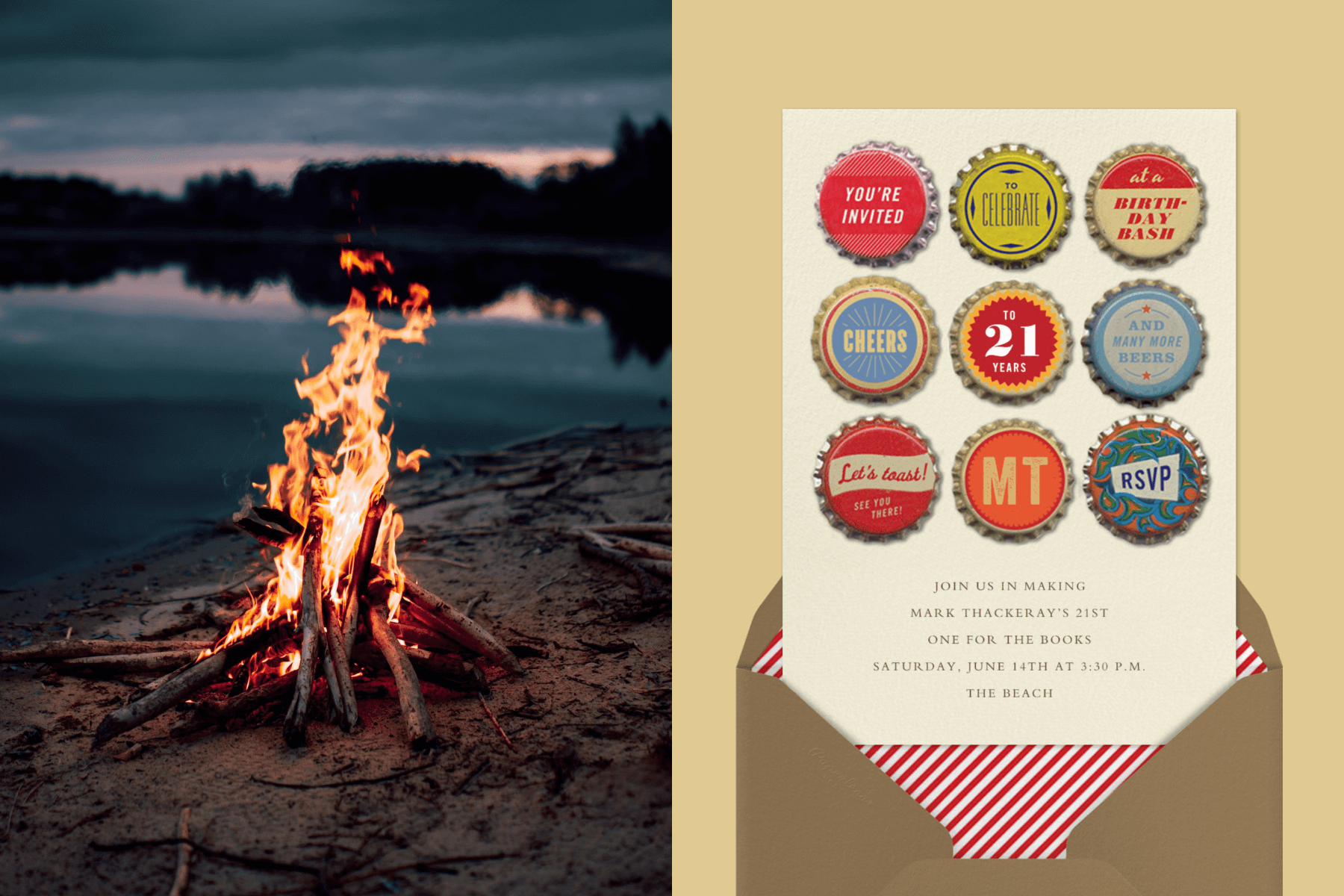 Left: A bonfire on a beach; Right: A 21st birthday invitation with illustrated bottle caps.