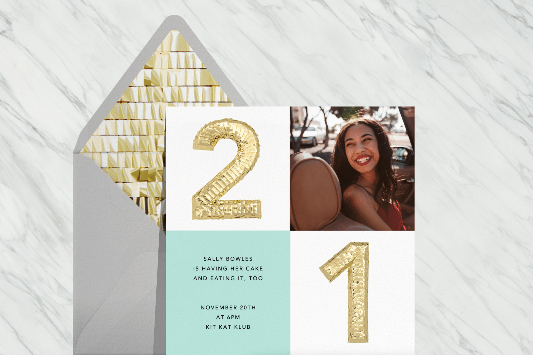 A 21st birthday invitation featuring a quadrant design —the numbers “2” and “1” covered in gold foil, space for a photo, and space for details.