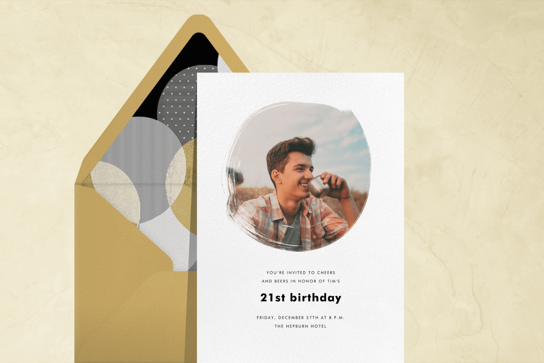A 21st birthday invitation featuring a photo placeholder with a paintbrush effect.