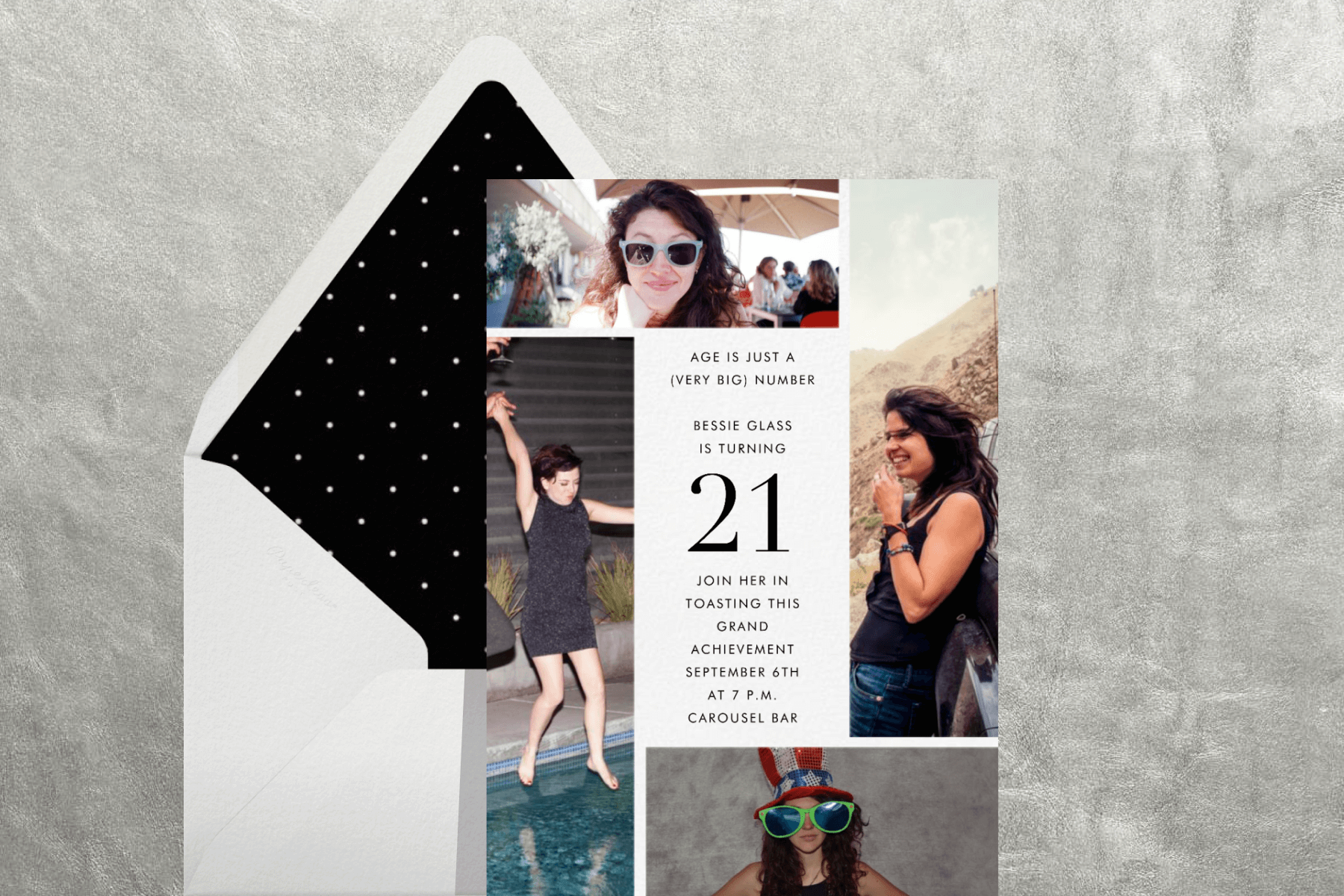 A 21st birthday invitation featuring 4 photo placeholders around the border.