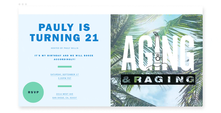 An animated invitation featuring a palm tree background and the words “Aging & Raging.”