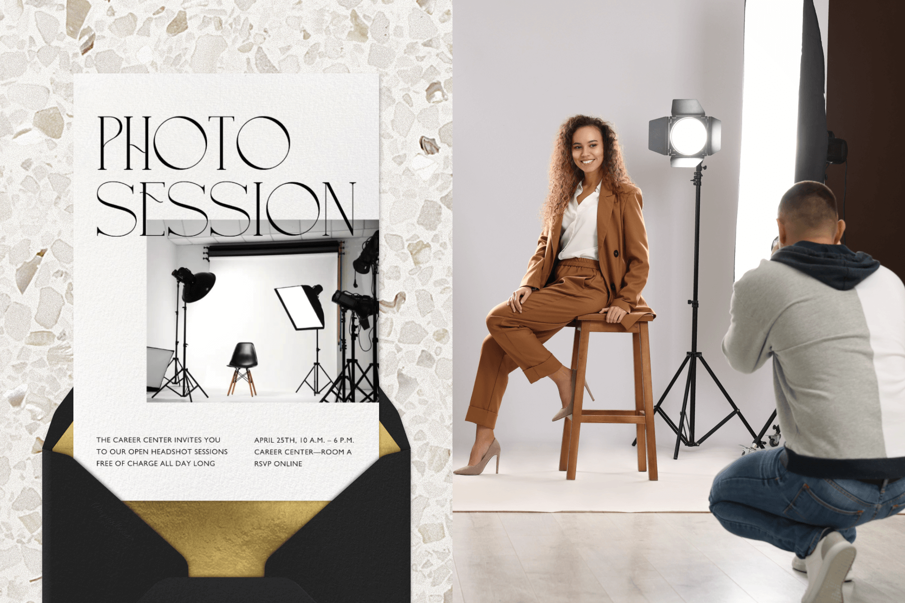 Left: A black and white invitation reads “Photo Session” in large font with a picture of an empty chair in a prepared photo studio. Right: A woman in a brown suit sits sideways on a stool in a photo studio as a person photographs her.