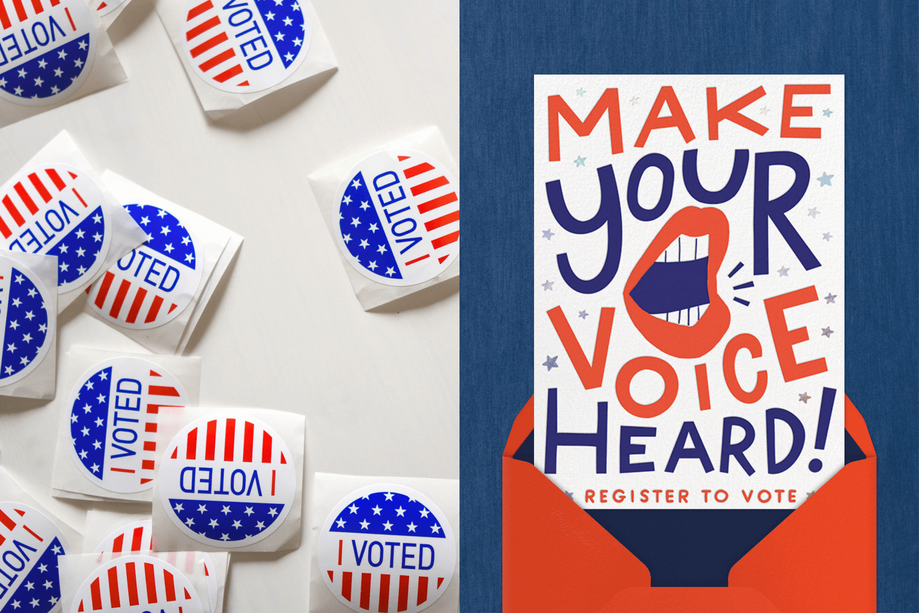 Left: “I Voted” stickers on a white surface. Right: A red, white, and blue card reads “Make your voice heard! Register to vote” with an illustration of an open mouth.