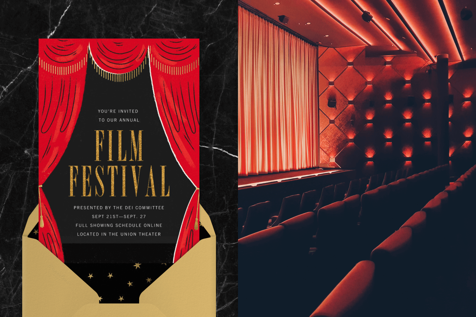 Left: An invitation with red theater curtains as a border and black in the middle with the words “Film Festival” in gold glitter letters. Right: A darkened auditorium with red lights.