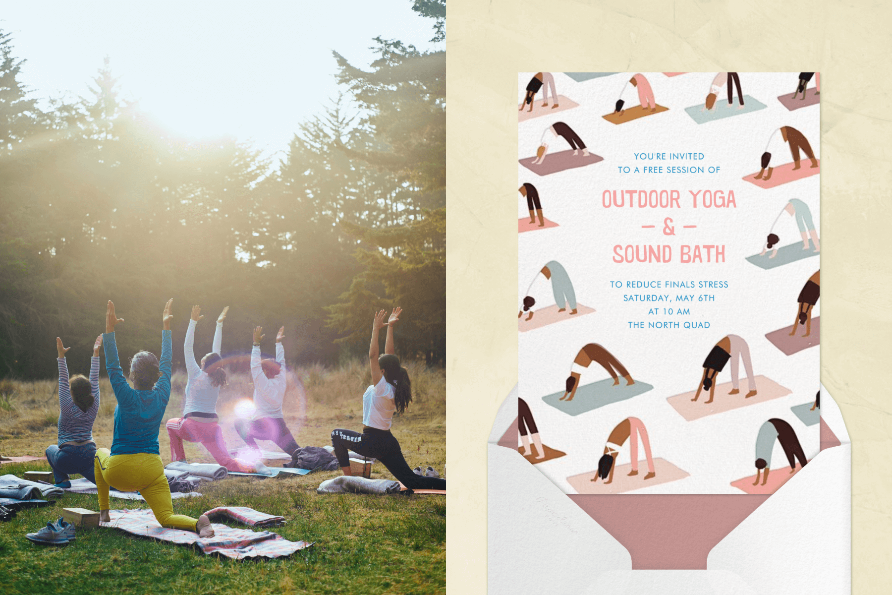 Left: People doing yoga outdoors shown from behind. Right: A yoga class invitation with simple illustrations of many people doing the downward facing dog pose on yoga mats.