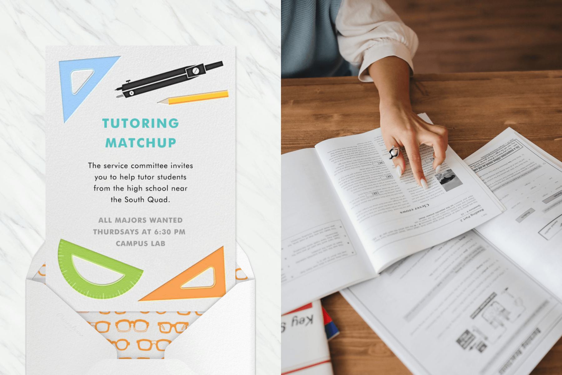Left: An invitation with simple, colorful illustrations of geometry tools like various rulers, a compass, and pencil. Right: A person’s hand holds down student workbooks on a wooden table.