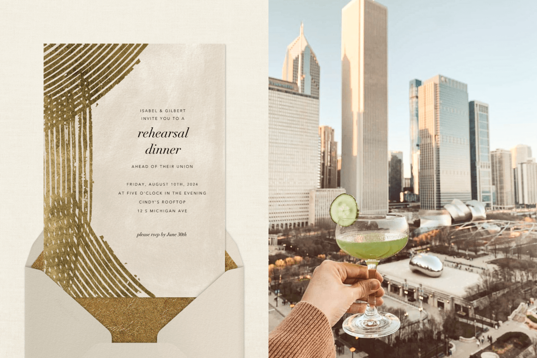 Left: A rehearsal dinner invitation with abstract gold streaks overlapping on the left side. Right: A hand holds a coupe glass with green liquid and a cucumber garnish from a rooftop with notable Chicago landmarks in the background.