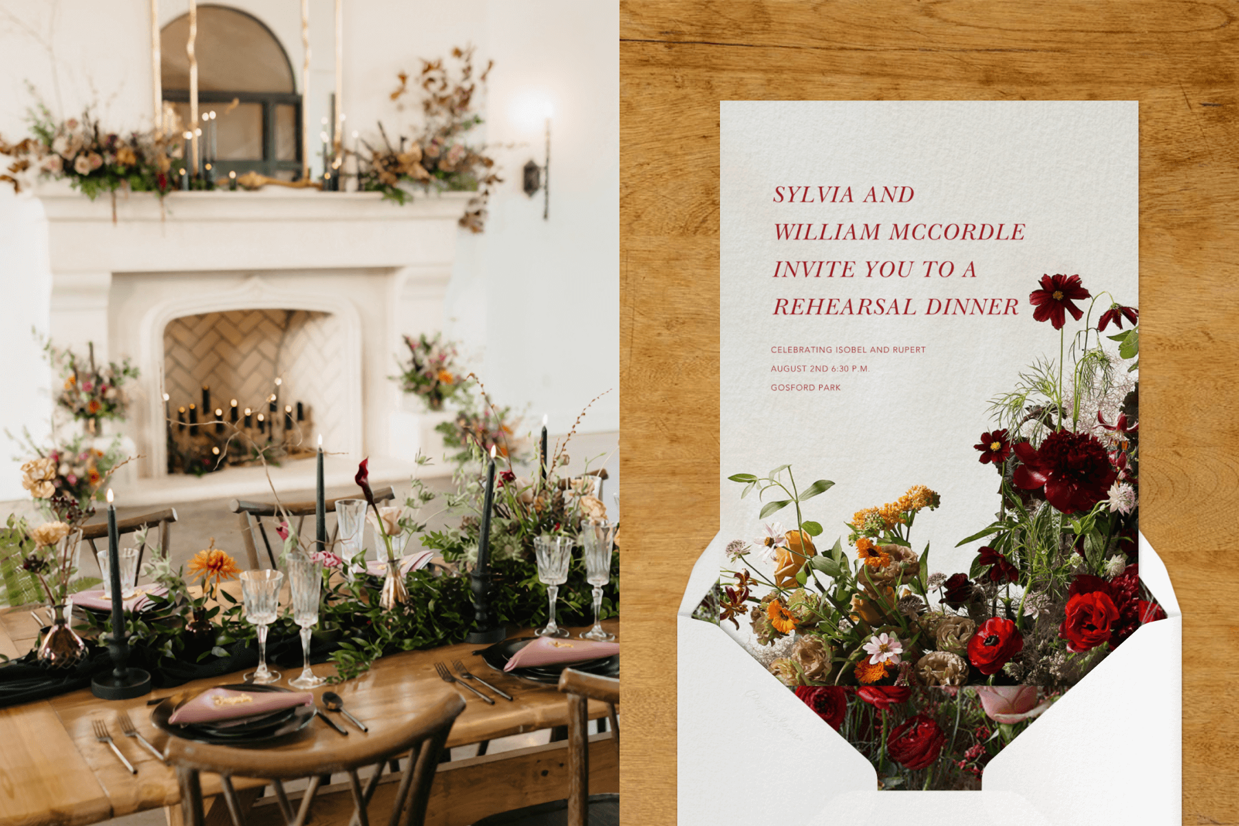 Left: A wooden banquet table is set with flowers down the center, with a white fireplace in the background and flowers on the mantle. Right: A rehearsal dinner invitation with photo-real flowers in autumnal hues rising from the bottom.