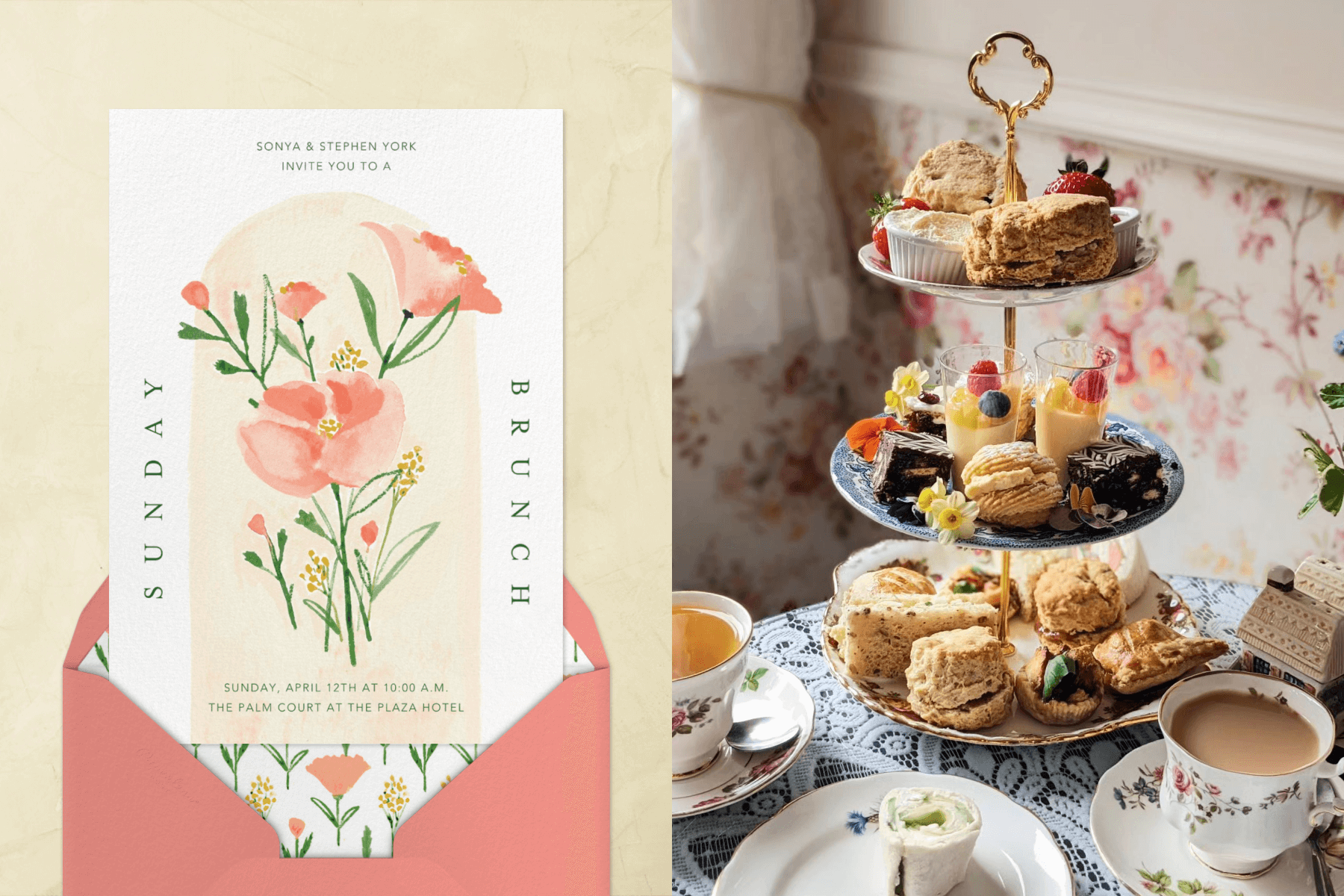 Left: A rehearsal dinner invitation with a watercolor painting of pink poppies in front of a peach arch-shape. Right: A three-tier dessert stand filled with various sweets on a table with floral cups of tea and coffee.