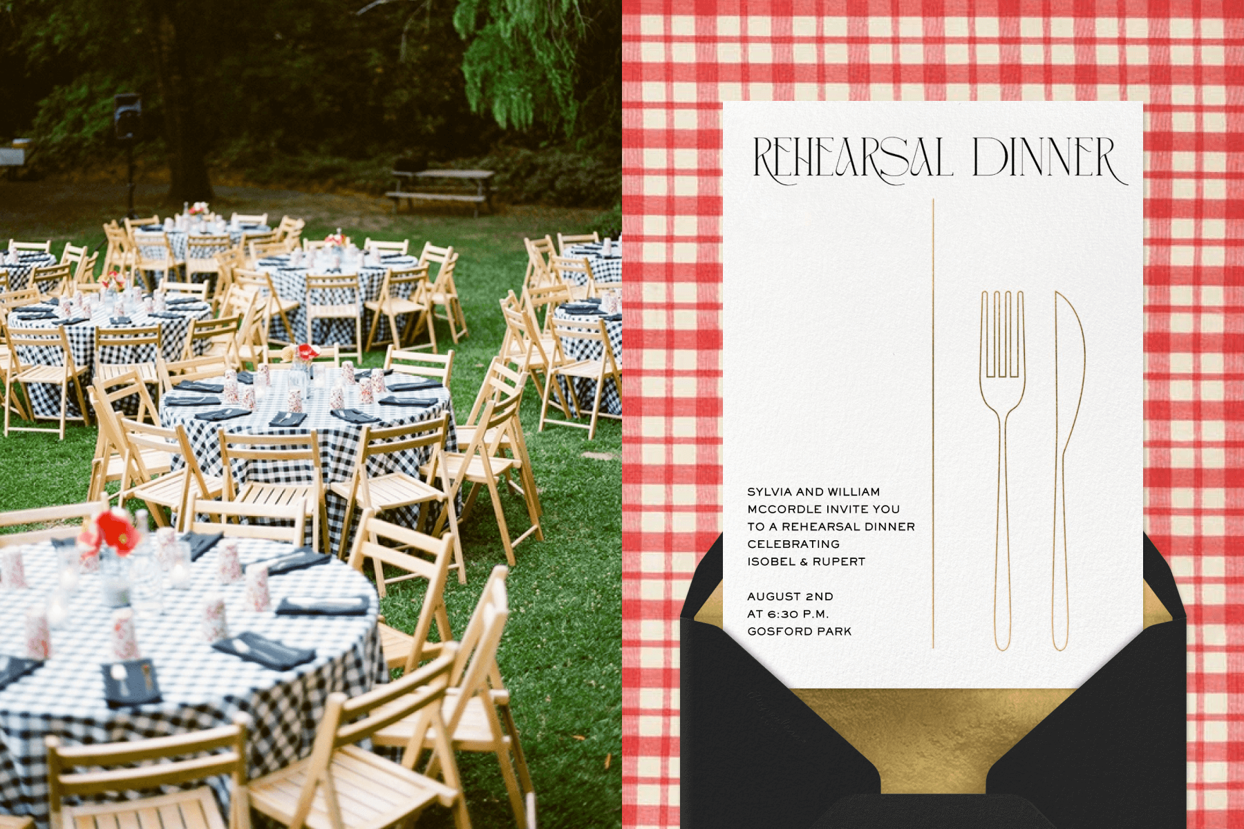 Left: Several round tables in a grassy yard are set with gingham tablecloths and simple place settings, surrounded by folding wooden chairs. Right: A rehearsal dinner invitation with a gold outline of a fork and knife on a red gingham backdrop.