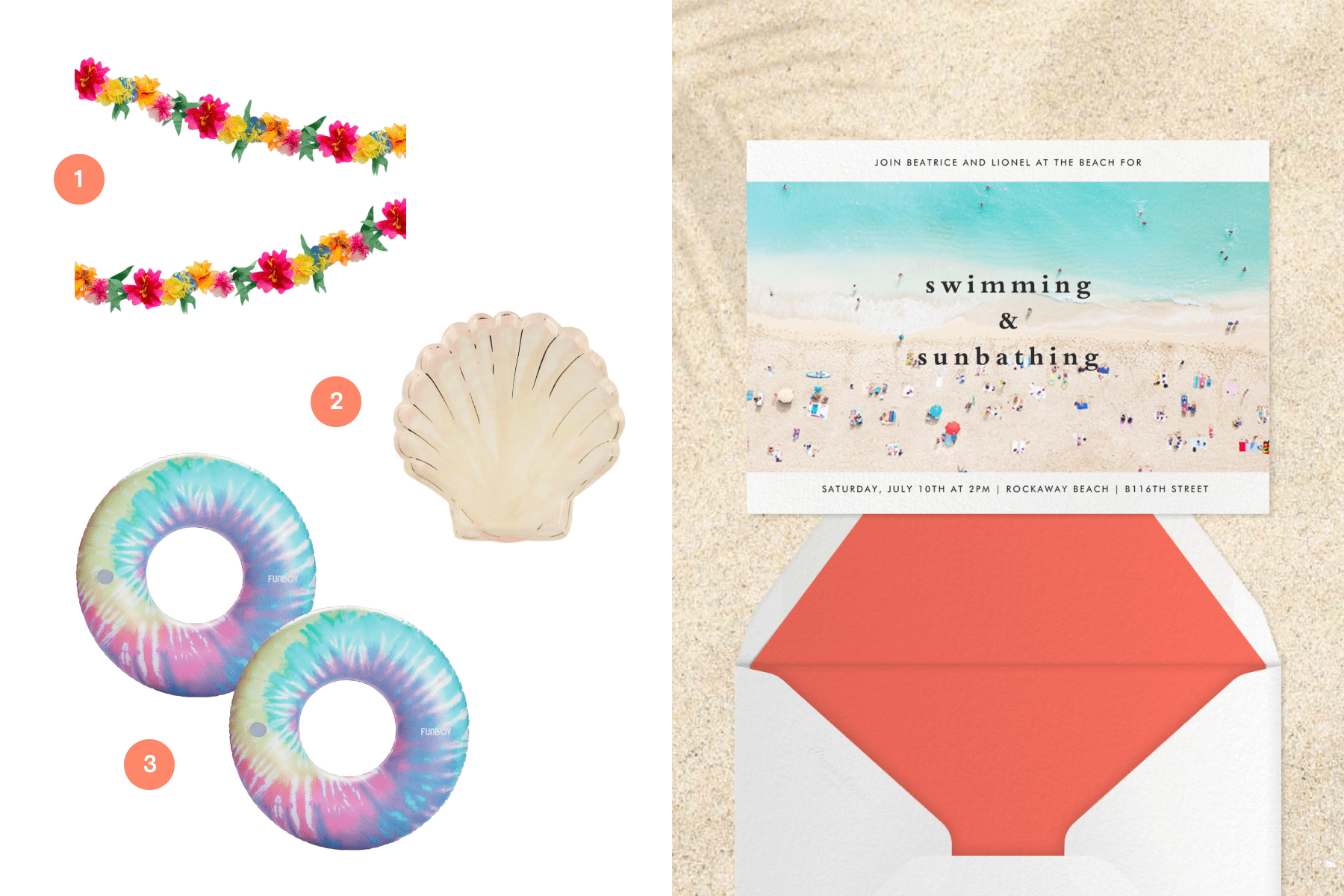 Left: Tropical flower garland, tie-dye inner tubes, a scallop party plate. Right: An invitation that features an overhead photo of people on the beach. 